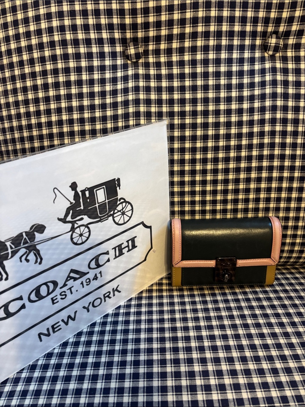 Coach Hutton Colorblock Mini Wallet in navy blue , Blush Pink & tan
